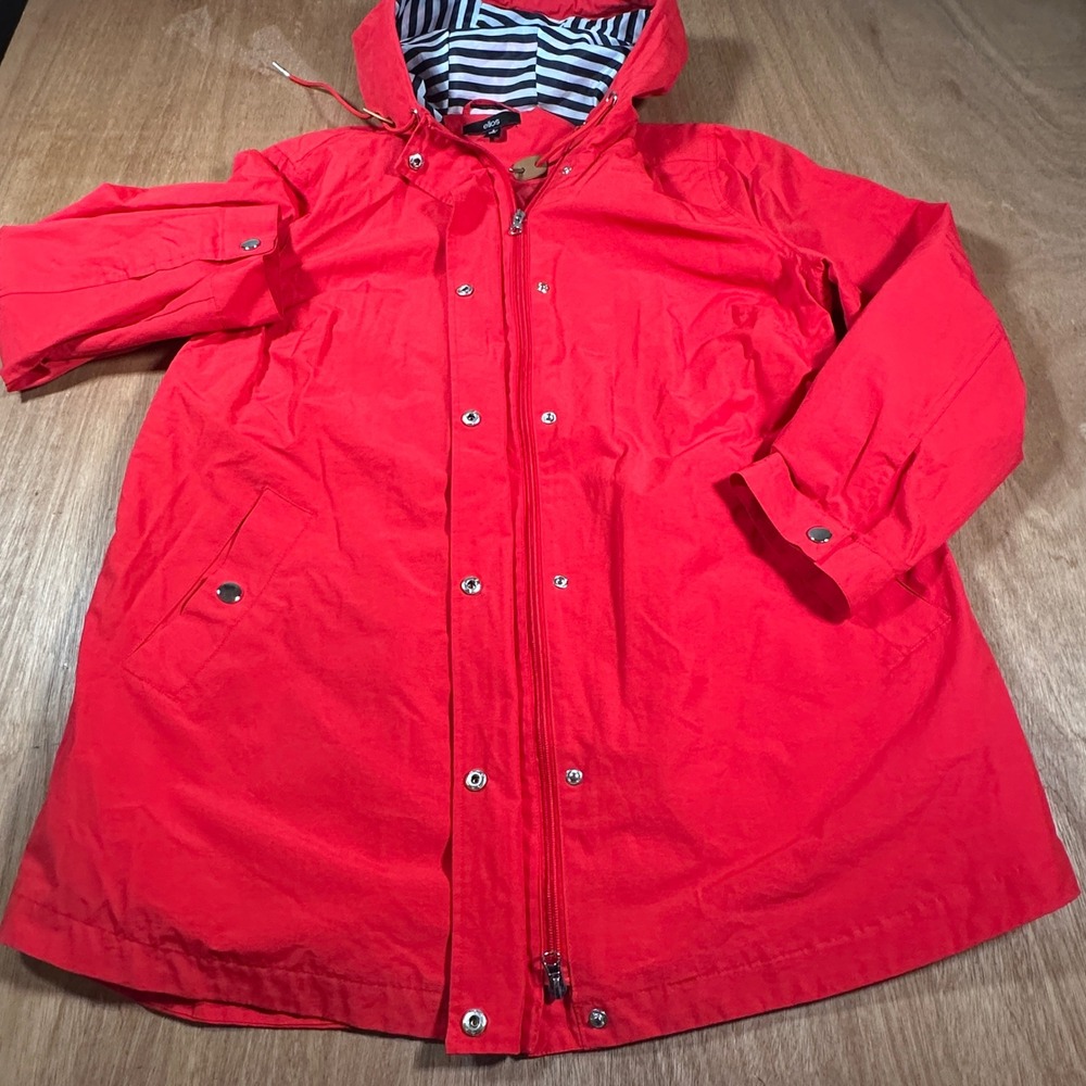 Ellos Anorak Rain Jacket Women 16 Red Hooded Striped Lining Zip Front Utility